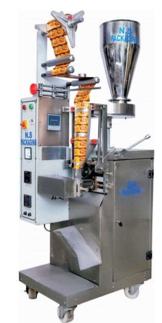 VFFS Packing Machine - Model No: NSP-101 (Single Track)Brand: NS Packaging, IndoreThe NSP-101 VFFS Packing Machine is an advanced, high-performance solution designed for efficient and precise packaging. Ideal for industries dealing with sweet supari, mouth fresheners, pharmaceuticals, jams, spices (khade masale), and more, this versatile machine offers unparalleled reliability for high-speed packing with minimal downtime. Its capability to handle packaging sizes ranging from 1 gm to 10 gms makes it suitable for a broad range of applications.Key Features:Versatile Applications: Perfect for packing powders, tablets, sounf, and various other food products.Sealing Options: Offers multiple sealing types including center, side, and four-side sealing for flexibility in packaging.Packaging Range: Accommodates pouch sizes from 50 mm to 250 mm in length, with a minimum width of 50 mm and a maximum of 200 mm.Material Compatibility: Compatible with any heat sealable laminate for packaging films.Productivity: High-speed performance of up to 80-140 pouches per minute, depending on pouch size.Precision & Efficiency: Only a 1% weight variation for accurate, consistent packing.Technical Specifications:Main Motor Drive TypeHeater Load: 1 kWElectrical Supply: 1/3 Phase, 440V, AC, 50HzCompressed Air: 6 CFM at 6BARTemperature Control: PID Based for precise controlContact Parts: Food-grade stainless steel to ensure hygiene and durabilityMachine Dimensions: L(800) W(890) H(2500) mmNet Weight: 250-300 kg (Approx.)Benefits:Time, Space, and Power Efficiency: Reduces energy consumption and optimizes space, cutting down operational costs.Increased Productivity: System synchronization results in faster operations and less downtime.Easy Secondary Packing: Simplified process for secondary packing and handling.Minimal Wastage: Reduces laminate and product wastage with precise adjustments.Durability: Long-lasting with minimal wear and tear, ensuring hygienic and high-quality packing.Flexible Pouch Lengths: Adjustable pouch lengths as per your specific requirements without needing to change parts.Improved Sealing Quality: Reliable, consistent seals that minimize product rejection.Advantages:High-Speed Printing: Option to print M.R.P., lot numbers, and packing dates on the pouches.Batch Control: Cuts the batch at a pre-set length to minimize wastage.Automatic Adjustments: Seamlessly adjusts pouch sealing without manual intervention.User-Friendly: Easy to operate, requiring minimal servicing and maintenance.Rust-Free: Constructed from non-rusting materials for a long lifespan.Appealing Design: Compact and easy to install or move within your facility.Enhanced Shelf Life: Optimized sealing ensures product freshness for longer shelf life.The NSP-101 is an ideal choice for businesses looking to improve packaging efficiency, reduce wastage, and increase overall productivity with a reliable and easy-to-operate solution.