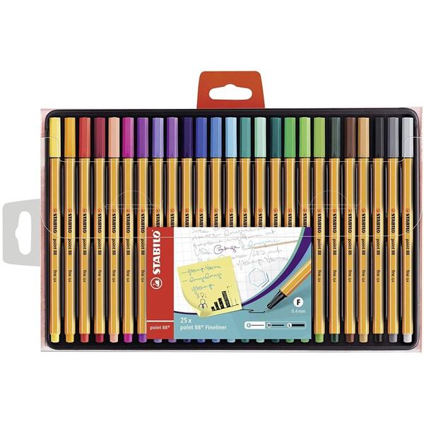 STABILO Point 88 set contains in 25 premium fineliner pens packed in clear, handy transparent plastic pouch for easy storage and portability.Benefit from the color-intensive premium felt tip pen for strong lines and large areasThe Stabilo Pen 88 is well known for its high brilliance and luminosityIts robust medium tip has a line width of 0.4 mmYou are able to leave the cap off until 24 hours and the pen won't dry outThe color-intensive premium fiber pen has a water-based inkEasy to hold for children and prevent pens from rolling off the desk.Highlighter for Students, Aspirants, Artist, Text liner Office Highlighter with smooth tip with large ink reservoir for extra-long highlighting performance