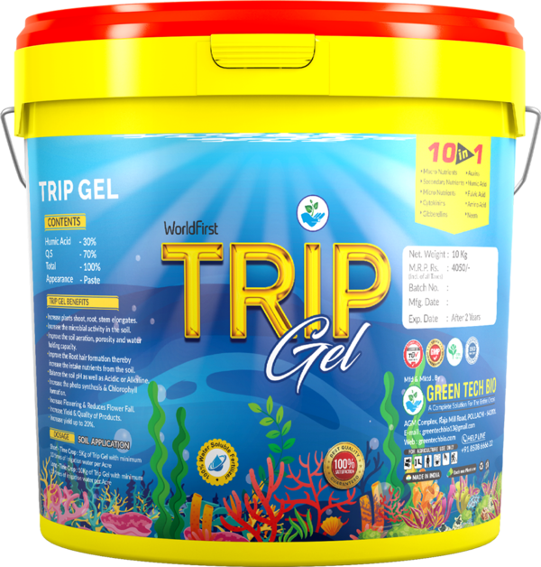 Our green tech bio’s Trip gel is the world’s first state-of-the-art seaweed gel suitable for drip irrigation. It increases soil fertility in the less fertile soil thereby Ensuring better Harvest.UsesTRIP GEL removes toxicity of the soil.It stabilizes PH level in the soil.It is used for spraying and Trenching.It improves immunity of plants.It is drought resistance.It helps the roots to Penetrate deeply.It increases the Lateral roots.It strengthens the root system of the plant.Usage quantityFor Short Term Crops Use 5kg Per Acre. For Long Term Crops Use 10kgs Per Acre.