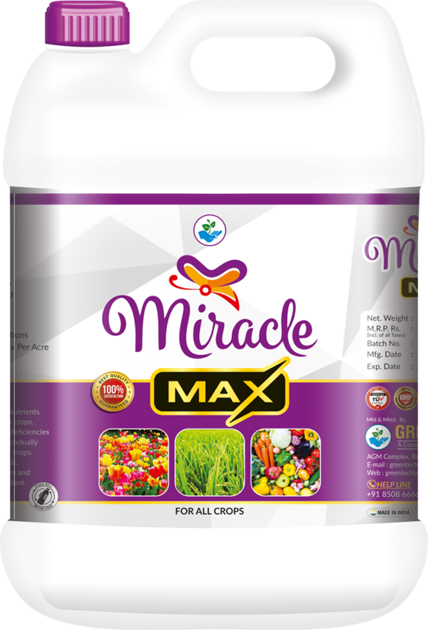 MIRACLE MAX helps in optimal growth from the day of planting to the day of harvest. It is a fluid uniquely made up of Amino, Seaweed Acids, vitamins, and proteins.Benefits of MIRACLE MAXMiracle max is very effective in both agriculture and horticultural crops.It controls flower shedding and increases the number of flowers.It increases the weight of the fruits/vegetables and preserves its colour and quality.It increases yields by 20% to 30% during the foaling seasons.It increases immunity of plants and protects against high humidity, frost attack and drought.Usage quantityFor short term crops use 2ml to 3ml of Miracle Max with 1 litre of water.