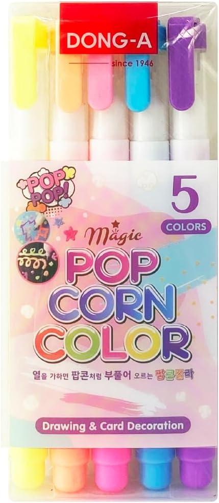 Dong-A Magic Popcorn Color Pen 5 colors 3D Decorating Cards, Drawing, Small Art Dong-A Magic Popcorn Color Pen 5 Colors Create great new craft projects filled with texture! Just draw a picture and expose the wet ink to the hot air, and the paint swells up like popcorn! Dong-A Popcorn Magic 3D Color Pen Package for Creativity