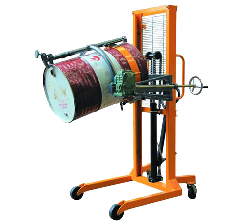Drum Stacker Cum Lifter Cum Tilter Manufacturer & Suppliers in Ahmedabad, Gujarat, India | STACKER'S & MOVER'S Co. Ltd. The Drum Stacker Cum Lifter and Tilter is a versatile, heavy-duty solution for safely lifting, tilting, and securing steel, plastic, and fibre drums. It features a single-stage lifting ram, dual lifting chains, and a top gripping device combined with a lower securing ratchet band for secure drum handling. The 30:1 gearbox ratio enables smooth, quick, and safe drum rotation, preventing any drum rollback during the tilting process. Built with a robust steel construction, this equipment ensures long-lasting durability and efficiency. A weighing scale function is also available upon special request.Product Specifications:Capacity: 450kgMax. Lifting Height: 1500mmDrum Types: Steel, Plastic, and FibreWheel Size: Ø150mm x 50mmLeg Dimensions:Distance Between Legs (Inside/Outside): 630mm / 810mmLeg Length: 770mmOverall Size: 1400mm x 1000mm x 2100mmWeight: 185kgCall Us For More Information.