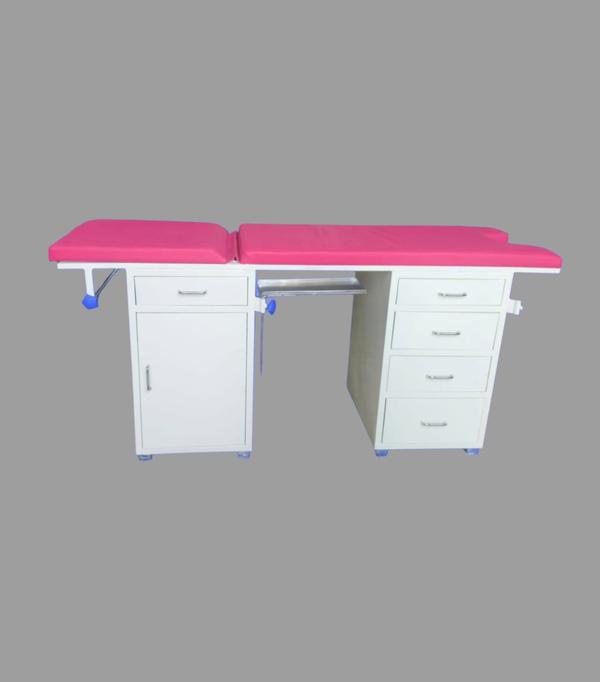 • Overall Approx Size: 187L X 51W X 81H cm • 2 section Foam padded, Upholstered top• Provided with 5 Drawers and 1 Cabinets• Paper Roll Holder S.S, BP Try S.S• M. S. Powder CoatedFurniture Manufacturer in India/Gurgaon/Delhi NCR Best Medical furniture supplier/Manufacture in Gurgaon/Delhi NCR Hospital Medical Equipments supplier/Manufacture in Gurgaon/Delhi NCR