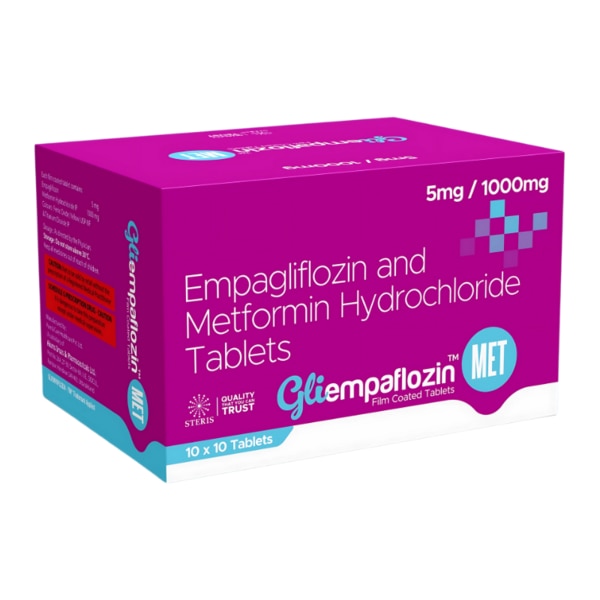 GLIEMPAFLOZIN MET 5mg/1000mg is a combination medication formulated to manage type 2 diabetes mellitus (T2DM) effectively. It contains Empagliflozin (5mg) and Metformin Hydrochloride (1000mg), two powerful antidiabetic agents that work together to regulate blood sugar levels. This medication helps improve glycemic control, reduce insulin resistance, and lower the risk of diabetes-related complications when combined with a healthy diet and regular exercise. Key Benefits: Effective Blood Sugar Control – Regulates blood glucose levels by decreasing sugar production and enhancing excretion.Weight Management – Empagliflozin helps in weight reduction by promoting calorie loss through urinary glucose excretion.Reduced Cardiovascular Risks – Lowers the risk of heart disease in diabetic patients.Improved Insulin Sensitivity – Enhances the body's response to insulin and reduces insulin resistance.Supports Kidney Function – Helps prevent diabetes-related kidney complications.Lowers the Risk of Hypoglycemia – Unlike some other diabetes medications, it reduces the chances of sudden blood sugar drops. How Does It Work? GLIEMPAFLOZIN MET 5mg/1000mg combines two distinct yet complementary mechanisms of action:Empagliflozin (SGLT2 Inhibitor) – Blocks glucose reabsorption in the kidneys, causing excess sugar to be eliminated through urine, thereby lowering blood sugar levels.Metformin (Biguanide) – Works by decreasing hepatic glucose production, increasing insulin sensitivity, and reducing intestinal glucose absorption. This results in overall better glycemic control. Directions for Use: Take GLIEMPAFLOZIN MET 5mg/1000mg once or twice daily as directed by your healthcare provider.Swallow the tablet whole with water; do not crush or chew.It is best taken with meals to minimize gastrointestinal side effects.Follow a balanced diet and engage in regular physical activity for optimal diabetes management.Do not skip doses or stop medication without consulting a doctor. Side Effects: Although GLIEMPAFLOZIN MET 5mg/1000mg is well-tolerated, some individuals may experience side effects such as:Frequent urination (due to glucose excretion)Dehydration and electrolyte imbalancesGastrointestinal issues – Nausea, vomiting, diarrhea, or stomach discomfortUrinary tract infections (UTIs)Genital infections (yeast infections)Lactic acidosis (rare but serious) due to metformin accumulationLow blood pressure (hypotension)