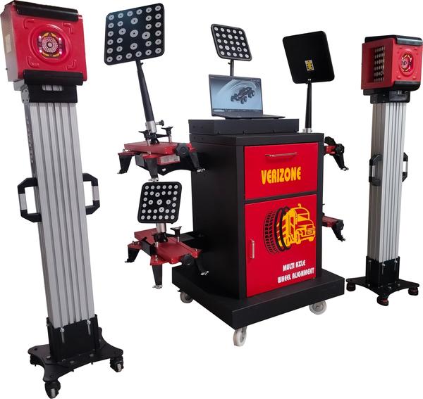 MULTI AXLE WHEEL ALIGNMENT MACHINEFirst Wireless System Provides  Flexible Calibration Free Installation VERIZONE TRUCK AND BUS MOBILE ALIGNERSPECIFICATIONNumber of camera	2Camera type	2x8MPix machine vision High Definition CamerasInstallation type 	Floor-mount mobile typeConsole type	U-seriesApplicability	Lift or PitWheel clamp mounting range	15 - 28 inchPower source	220 AC single-phase 50 HzTwo adjustment baselines are supported references to the frame or vehicle centerline. The adjustment procedure with the baseline references to the vehicle frame defines a centerline through the center of the frame. The rear axle thrust angle, the scrub angle of the subsequent axles, and the total toe-in of the front axle are adjusted relative to the selected baseline.THE SOFTWARE / THE POWERFUL AND RELIABLE ALIGNER CONTROL PANELThis machine installed with individual battery pack for low power consumption, high speed, signal.WIDESCOPЕUnique 3 camera WideScope technology allows readings and angles adjustments  over an extensive range of lengths without adjusting the gauge system's height, which enables working with an extended range of wheelbases without loss of accuracy and significantly increasing the productivity of a wheel alignment bay.WHEEL ADAPTORS & TARGETSLightweight and compact design of adaptors and targets. Self-centering 15” - 28” rim range wheel adaptors with an adjustable central carriage are compatible with most heavy-duty vehicles. Double-sided extended heavy-duty studs for easy attachment to both steel and light-alloy rims.High definition targets are coated with a protective layer and contain no electronic components. A super-light FR 4 alloy target base is used. Target corner plastic frame for outstanding protection against drops and other impacts. Constructed from impact-resistant polycarbonate and double-enforced with a shock-absorbing rubber inner sleeve.CAMERA ASSEMBLY BLOCKHigh-definition cameras for immediate and stable target capture and a high-speed image transfer over TCP/IP. The system software carries out the wheels' spatial-position definition based on the reflection of target images. Each block comprises RGB auxiliary indicators of alignment procedure status.Colored backlight for the mobile version or backlight board indication for the stationary model with aconvenient indication for the duplication of the screen directions to facilitate measurement and adjustment procedures.PROBE TARGETA mechanical or electronic laser probe accurately calculates the frame position relative to a truck or semi-trailer axle. This option allows the alignment procedure to be carried out almost as quickly as quickly as themeasurement relative to the vehicle centerline.
