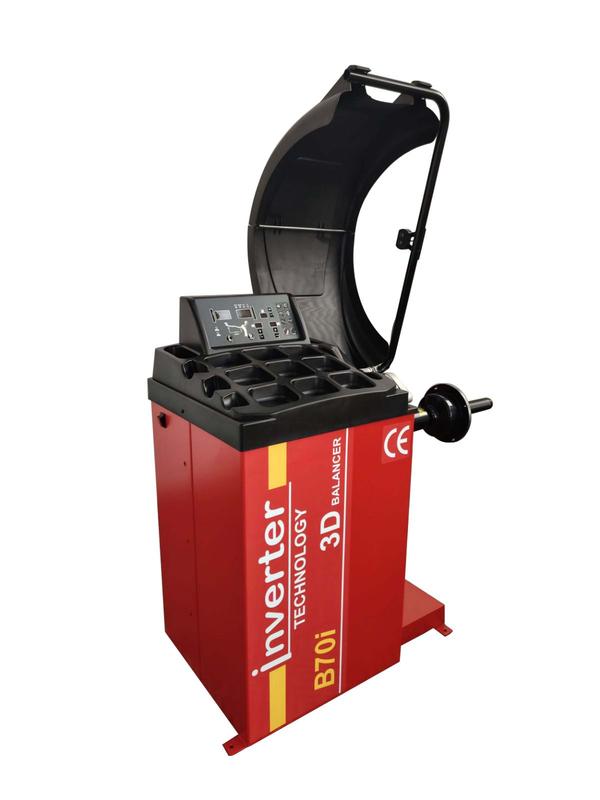 3D DIGITAL WHEEL BALANCER (WITH INVERTER TECHNOLOGY)Technical SpecificationMax. Tire Dia. 1000 mmRim Dia.10”-24”Rim Width 4”-16”Spinning Speed 200 R.P.MMax. Tire Weight 70 KGBalancing Accuracy +/-1 GPower Supply 220V/50HZ/1PHMotor Power 0.25KWSpins and brakes the wheelautomatically. At the end of thecycle, the wheel is brought tothe balancing weightapplication position (RPA). Thewhole process is managed vianew inverter technology thatensures better spin speedcontrol for improvedmeasuring stability.TECHNICAL FEATURESElectronic microprocessor controlled wheel balancer for balancingcar, motorcycle and light industrial vehicle wheels.Control panel with digital display and durable key buttons.Automatic distance, diameter and width data entry.Automatic start by lowering wheel guard.Automatic braking of the wheel after measurement.Wheel locking with Quick nut.Self-calibration and self-diagnosis programs.Wheel dimensions shown in inches or millimeters.Indication of unbalance in grams or ounces.Alu programs and motorcycle programs.Optimization mode for rim/tyre matching.Hidden weight program.