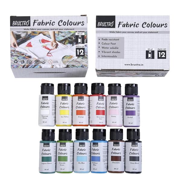 12 Premium Colours: perfect for vibrant fabric designs. Includes - Titanium White ,Sun Yellow, Orange, Strawberry Red, Peony, Orchid, Lagoon Green, Avocado Green, Sky Blue, Harbour Blue, Chocolate, Deep BlackHighly Pigmented & Versatile: Offers excellent coverage and vibrant results on cotton, linen, blended fabrics, and more. Great for t-shirts, DIY crafts, textiles and home decor.Fade Resistant & Water soluble: The colours dry quickly to a smooth, durable finish that remains intact after multiple washes.Easy to Use: Apply directly from the tube or use with brushes and sponges for detailed designs, blending and painting.Safe & Non-Toxic: Made with quality materials, Brustro Fabric Colours are safe for all creative projects. Suitable for beginners, students, and professional artists.Long-Lasting: Each bottle contains 30 ml of colour, ensuring long-term usability and value.Instructions for Use: Detailed guidelines on packaging for achieving perfection.No separate medium needed.