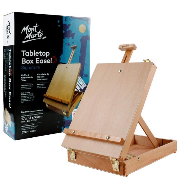 Mont Marte Tabletop Easels for Painting, Desk Box Easels for Kids Adults&Artists,Beech Wood.Easy transport: folds to a compact size and features a leatherette handle for a comfortable gripQuality construction: smooth beech wood finishSuitable for a range of canvas sizes: features a sliding canvas adjuster that holds canvases up to 20.4in (52cm) in heightExcellent storage for tools and materials: this tabletop box easel features storage compartments for your art supplies