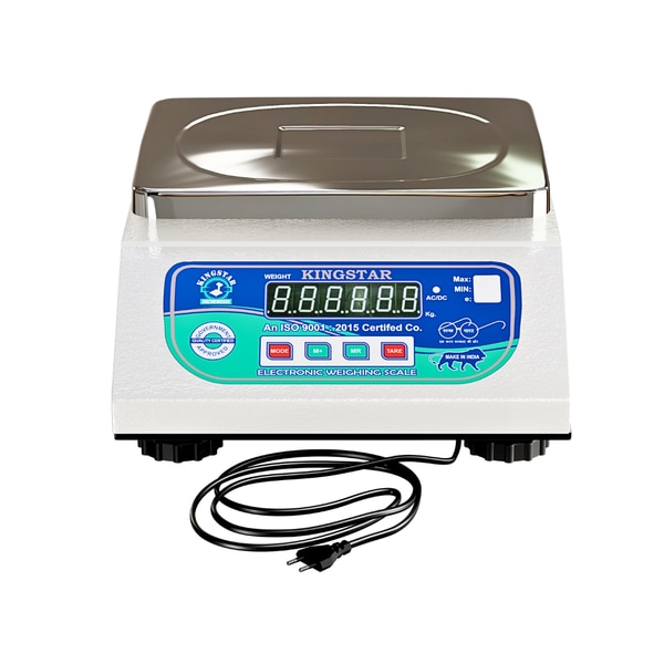 Kingstar Electronic Weighing Scale, a precision instrument designed for accurate measurements up to 30 kg with 0.02g accuracy. This versatile digital scale features a clear LED display and convenient control panel with MODE, M+, MR, and TARE functions. The robust design includes a stainless steel weighing platform and a durable white base supported by sturdy feet. With compact dimensions of 22 cm x 17 cm x 13 cm, it fits perfectly in any workspace. The scale operates on both AC/DC power, making it suitable for continuous use in shops, laboratories, or kitchens. The device comes with a power cord and offers reliable performance for all your weighing needs. Its professional-grade construction ensures consistent measurements for various applications, from retail to industrial use.