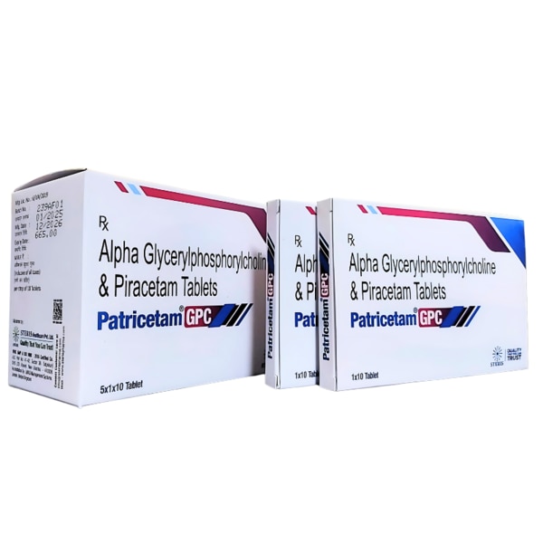PATRICETAM GPC is a powerful cognitive-enhancing supplement that combines two potent ingredients, Alpha Glycerylphosphorylcholine (GPC) and Piracetam, to support brain health and mental clarity. This product is specially formulated to enhance cognitive function, memory retention, and overall brain performance, making it a great choice for individuals looking to improve mental agility, focus, and learning abilities. Key Benefits: Enhanced Cognitive Function: The combination of Alpha GPC and Piracetam helps to improve brain performance, enhancing memory, learning capacity, and mental clarity.Improved Memory Retention: Alpha GPC boosts acetylcholine levels in the brain, promoting better memory retention and recall.Increased Focus and Concentration: Piracetam improves oxygen and glucose utilization in the brain, leading to better concentration and focus during mentally demanding tasks.Brain Health Support: Regular use can support long-term brain health, keeping cognitive functions sharp as you age.Neuroprotective Effects: Both ingredients are known for their neuroprotective properties, which may help protect the brain from age-related decline and oxidative stress. How Does It Work? PATRICETAM GPC works through a synergistic combination of its two ingredients. Alpha GPC increases acetylcholine levels, which is essential for maintaining healthy brain function and facilitating communication between neurons. Piracetam, on the other hand, works to improve the brain’s energy metabolism by enhancing oxygen and glucose flow to brain cells. This combination leads to improved memory, faster learning, better concentration, and an overall boost in cognitive function. Directions for Use: Take 1 capsule of PATRICETAM GPC once or twice daily, preferably with food to enhance absorption.For best results, use consistently over a period of weeks.If you are new to nootropic supplements, it is advised to start with one capsule per day and gradually increase the dosage if needed. Side Effects: While PATRICETAM GPC is generally well-tolerated, some individuals may experience mild side effects, including:Headaches: Common with nootropic use, especially if dehydration occurs.Nervousness or Restlessness: A slight increase in energy levels can cause temporary feelings of restlessness.Insomnia: Some users may experience difficulty sleeping if taken too late in the day.If any severe side effects occur, or if you are pregnant, breastfeeding, or have any underlying medical conditions, consult a healthcare professional before use.