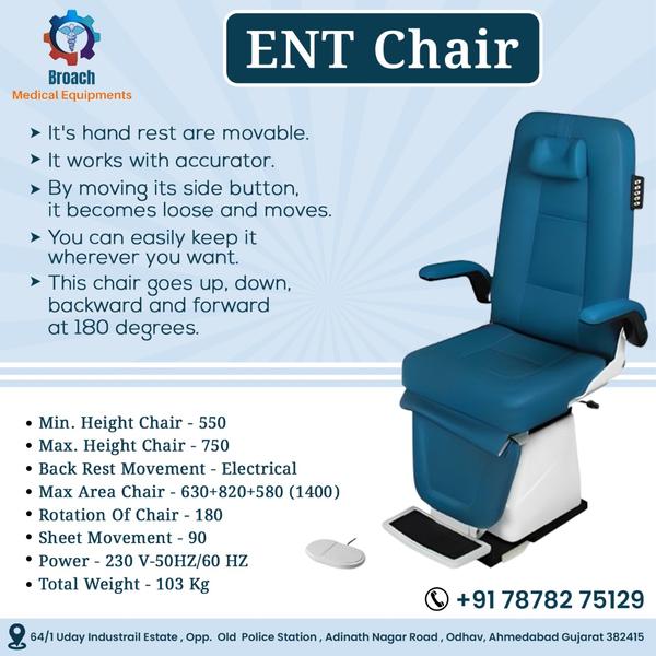 An ENT chair (ear, nose, and throat chair) is a specialized medical chair used in otolaryngology (ENT) clinics for patient examination and treatment. It is designed to provide comfort and support for both the patient and the physician while allowing easy access to the head, neck, and upper body.Features of an ENT Chair:1. Adjustable Height & Recline – Most chairs have electric or hydraulic height adjustment and reclining functions for better positioning.2. Headrest & Armrests – Adjustable headrests provide support for precise examinations, while armrests enhance patient comfort.3. 360-Degree Rotation – Many models allow full rotation for easy access.4. Footrest & Leg Support – Ensures patient stability and comfort during procedures.5. Durable & Hygienic Material – Upholstered with easy-to-clean, antimicrobial materials.6. Motorized Controls – Some advanced models feature remote or foot pedal controls for seamless adjustments.Uses of an ENT Chair:Ear, nose, and throat examinationsMinor ENT proceduresEndoscopic evaluationsHearing assessments