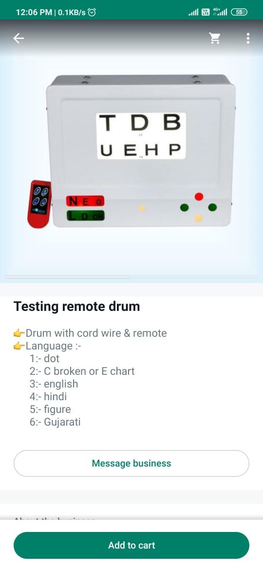 An eye testing drum (also known as a Rotating Drum Vision Tester) is an ophthalmic device used for assessing visual acuity. It typically consists of a cylindrical drum that rotates and displays different eye charts, such as Snellen charts, Landolt rings, or Ishihara plates (for color vision testing).Key Features of an Eye Testing Drum:1. Rotating Mechanism: The drum can be manually or electronically rotated to display different test charts.2. Multiple Charts: Includes charts for different vision tests, such as distance vision, near vision, astigmatism, and color blindness.3. Illumination: Some models include built-in illumination for better visibility.4. Material & Design: Usually made of metal or high-quality plastic for durability.5. Usage: Used in eye clinics, hospitals, schools, and optical shops to assess vision clarity and detect refractive errors.
