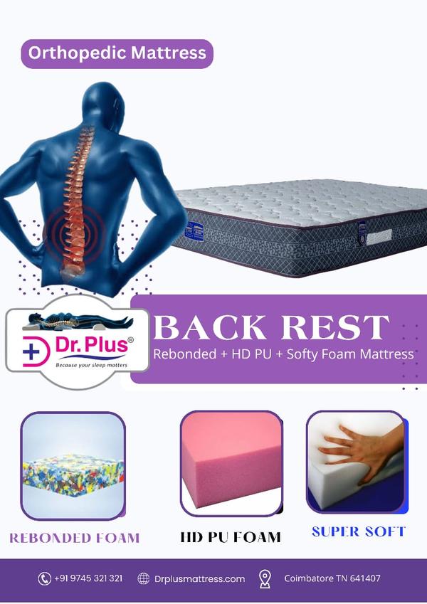 ### Back Rest Mattress Overview#### Design and Construction1. **Core Materials** - **Rebonded Foam**: - Provides a resilient and sturdy foundation, ensuring durability and support. - Made from recycled materials, offering an eco-friendly choice while maintaining high performance. - It enhances the overall structure of the mattress, preventing sagging and ensuring long-lasting comfort. - **HD PU Foam**: - High-Density Polyurethane Foam offers additional support and cushioning while contributing to the durability of the mattress. - Helps in maintaining the shape of the mattress over time, providing foundational strength.2. **Comfort Layer** - **32F Super Soft Foam**: - One side of the mattress features this softer foam for added plushness and immediate comfort. - Designed to contour to the body, providing pressure relief and enhanced comfort for side sleepers or those who prefer a softer feel.3. **Sandwich Style**: - The sandwich construction combines the rebonded foam, HD PU foam, and super soft foam effectively, creating a layered approach that optimizes both support and comfort. - The design enhances breathability and comfort while allowing for flexibility in mattress feel.#### Dual-Sided Design- **Two Distinct Comfort Options**: - **Soft Side**: - Features the 32F super soft foam, perfect for those who prefer a cushioned, plush feel, which is beneficial for relieving pressure points. - **Hard Side**: - The firmer side offers more support, promoting proper spinal alignment and making it particularly beneficial for back sleepers or individuals requiring orthopedic support. #### Benefits- **Budget-Friendly**: - Offers a cost-effective solution for those seeking orthopedic support without compromising on quality. - Ideal for individuals or families looking to maximize their sleep experience while staying within budget.- **Versatile Comfort**: - The dual-sided feature allows users to switch between soft and hard surfaces according to their personal preferences or changing comfort needs.- **Orthopedic Support**: - The combination of materials is designed to support spinal alignment, helping to alleviate discomfort and reduce the risk of back pain.- **Durability**: - Made with high-quality materials, ensuring that the mattress can withstand regular use while maintaining its supportive properties.#### Recommendations- **Ideal For**: - Individuals or families looking for a budget-friendly yet comfortable and supportive mattress option. - Sleepers who appreciate the versatility of dual comfort types. - Those who may have specific back issues or orthopedic needs that require varied support levels.