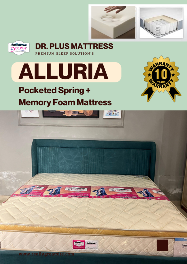 Dr.Plus Alluria Pocketed Spring Mattress Overview Product Features:1. Pocketed Spring Design: - The mattress utilizes pocketed springs made from 1.8mm carbon steel. This design offers individual support for different body parts, minimizing motion transfer between partners and providing consistent support across the sleeping surface.2. Comfort Layer: - The comfort layer is composed of high-quality memory foam, which conforms to the body's shape, providing excellent pressure relief and support. This feature is particularly beneficial for those with joint pain or discomfort.3. Euro-Top Style: - The Euro-top design enhances comfort, as it adds an extra layer of cushioning on the top of the mattress. This design not only provides additional softness but also contributes to a more refined and elegant appearance.4. High-Quality Knitted Bamboo Fabric: - The mattress is covered in a luxurious knitted bamboo fabric, which is not only soft to the touch but also breathable. Bamboo fabric is known for its moisture-wicking properties, ensuring that the mattress remains comfortable and dry throughout the night.5. Durability: - With the use of high-quality materials, including the carbon steel in the spring system and the robust non-woven GSM fabric, this mattress is designed for longevity, resisting sagging and wear over time. Benefits:- Pressure Relief: The combination of pocketed springs and memory foam helps in distributing body weight evenly, reducing pressure points and enhancing comfort during sleep. - Reduced Motion Transfer: The pocketed spring system significantly minimizes motion transfer, making it an ideal choice for couples or restless sleepers.- Temperature Regulation: The breathable bamboo fabric aids in temperature regulation, keeping sleepers cool and comfortable throughout the night.- Ease of Maintenance: The mattress cover can typically be spot-cleaned, making it easier to maintain hygiene and cleanliness. Ideal For:- Different Sleep Positions: Suitable for all sleep positions, including side, back, and stomach sleepers, due to its balanced support and softness.- Couples: The minimal motion transfer allows partners to sleep undisturbed even if one moves during the night.- Allergy Sufferers: The natural properties of bamboo fabric can be beneficial for those with allergies, as it resists dust mites and other allergensWarranty :- 10 years