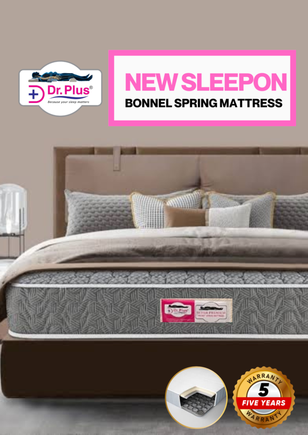 The Dr Plus New Sleepon Bonnel Spring Mattress combines durability and comfort, making it a great choice for those looking for a reliable sleeping solution. **Key Features:**- **Construction Material:** - Made from **2.2mm High-Quality Tata Carbon Steel**, which provides exceptional strength and support. - The use of Bonnel springs ensures even weight distribution and enhances the mattress's durability and resilience.- **Comfort Layer:** - Features **24mm HD PU Foam** that adds an extra layer of comfort, allowing for better pressure relief and support while you sleep.- **Quilted Fabric:** - This mattress is covered with a **250GSM Knitted Fabric**, offering a soft and cozy sleeping surface, and contributing to its luxurious feel.- **Warranty:** - Comes with a **5-year warranty** from the manufacturer, which reflects confidence in the quality and longevity of the mattress.**Benefits:**- **Durability:** The combination of high-quality materials ensures that the mattress maintains its structure and comfort over time.- **Support:** The Bonnel spring system provides excellent support, making it suitable for various sleeping positions.- **Comfort:** The HD PU foam and quilted fabric enhance the overall comfort level, making it a great choice for restful sleep.- **Value for Money:** With a 5-year warranty and quality construction, this mattress provides excellent value for its price.**Conclusion:**The Dr Plus New Sleepon Model Bonnel Spring Mattress is an ideal option for anyone seeking a robust and comfortable mattress. It's suitable for both individuals and couples who desire a good night's sleep without compromising on support or quality. If you're looking for a combination of comfort, durability, and value, this mattress could be a great fit for your needs.
