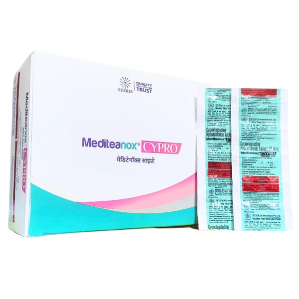 MEDITEANOX CYPRO is a medication containing Cyproheptadine Hydrochloride (4mg), an antihistamine widely used to treat allergic reactions, appetite stimulation, and migraine management. It helps alleviate symptoms such as itching, swelling, and runny nose caused by allergies while also stimulating hunger in individuals struggling with appetite loss. Key Benefits: ✔ Relieves Allergy Symptoms – Effectively treats hay fever, allergic rhinitis, and skin allergies like hives.✔ Boosts Appetite – Helps in weight gain by increasing hunger, commonly prescribed for individuals with poor appetite.✔ Prevents Migraine Attacks – Used as a preventive treatment for migraines by regulating serotonin levels.✔ Reduces Cold & Flu Symptoms – Provides relief from sneezing, watery eyes, and nasal congestion.✔ Aids in Dermatological Conditions – Helps manage skin-related allergic reactions such as eczema and contact dermatitis. How Does It Work? Cyproheptadine Hydrochloride is a first-generation antihistamine that blocks the H1 histamine receptors, preventing histamine from triggering allergic reactions. Additionally, it works as a serotonin antagonist, which helps in increasing appetite and preventing migraines. By influencing the central nervous system, it also aids in reducing symptoms of nausea and vomiting.Directions for Use:Take MEDITEANOX CYPRO as prescribed by your healthcare provider.Usually taken 1-2 times daily with or without food.Swallow the tablet whole with a glass of water.Do not exceed the recommended dosage without medical supervision. Side Effects: While MEDITEANOX CYPRO is generally safe, some individuals may experience mild to moderate side effects, including:❖ Drowsiness & Dizziness❖ Dry Mouth & Increased Thirst❖ Constipation❖ Blurred Vision❖ Increased Appetite & Weight Gain❖ Nausea & Mild Stomach UpsetSeek immediate medical attention if severe side effects such as difficulty breathing, irregular heartbeat, or hallucinations occur.
