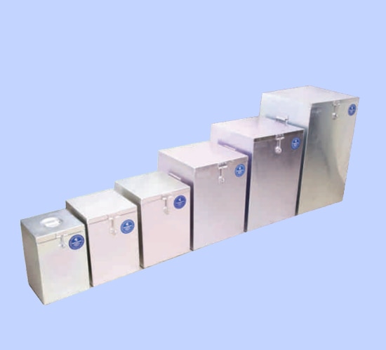 Sr. No	Size (Inches) L x W x H	Thick mm	Gauge	Storage Capacity (Kgs)	Approx Weight Per Piece1	7 x 7 x 11 ''	1.22	18	5	1 .000 Kg2	8 x 8 x 12 ''	1.22	18	10	1 .200 Kg3	9 x 9 x 14 ''	1.22	18	15	1 .800 Kg4	10 x 10 x 15 ''	1.63	16	20	3 .000 Kg5	12 x 12 x 16 ''	1 . 63	16	25	3 .900 Kg6	13.5 x 13.5 x 18 ''	1.63	16	35	4 .550 Kg7	15 x 15 x 15 ''	1.22	16	50	5 .800 Kg8	16.5 x 16.5 x 24 ''	1.22	16	75	7 .000 Kg9	18 x 18 x 3 ''	1.22	16	100	8.900 Kg10	24 x 24 x 36 ''	2.00	14	200	20 .000 Kg