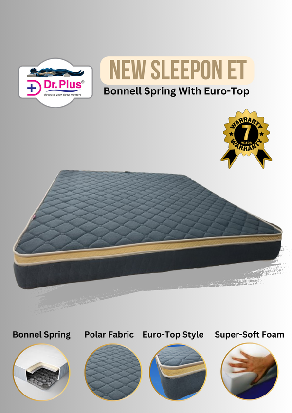 *Model:* NEW SLEEPON ET Bonnel Spring with EURO-TOP Mattress---#### Key Features:1. **Bonnel Spring Construction:** - Utilizes high-quality **2.2mm Tata Carbon Steel** for durability and support. - Designed to provide a balanced level of firmness and comfort.2. **Premium Cotton-Felt Layer:** - Includes **1200GSM High-Quality Cotton Felt** which enhances the mattress’s support system while providing a soft barrier between the springs and the sleeper. - Improves breathability and moisture-wicking properties.3. **Top Comfort Layer:** - Features a **48mm 32D Super Soft PU Foam** that adapts to body contours, ensuring relief from pressure points for a restful night’s sleep. - The EURO-TOP design offers an added plushness at the top layer, perfect for those seeking extra comfort.4. **Warranty:** - Comes with a **7-year warranty**, reflecting confidence in the mattress's durability and quality.---#### Benefits:- **Supportive and Comfortable:** The combination of Bonnel springs and PU foam helps align the spine and supports different sleeping positions.- **Durable Materials:** The use of high-quality materials like Tata Carbon Steel and advanced foams ensures longevity and resilience.- **Soft Touch:** The EURO-TOP design enhances comfort, making it suitable for those who prefer a softer sleeping surface.- **Value for Money:** With a robust construction and a significant warranty period, this mattress represents good value in the market.