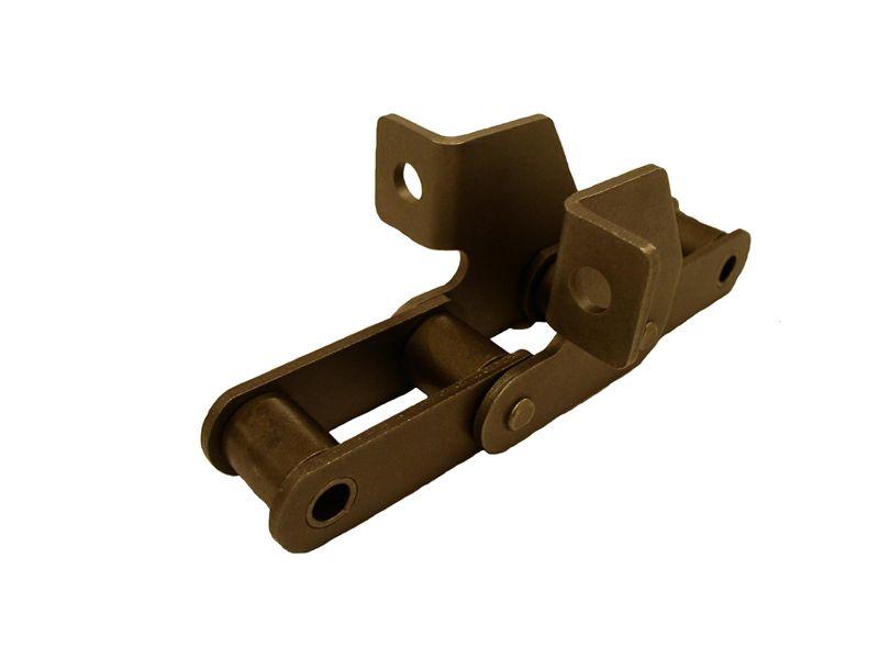 Agricultural chain with attachment is incorporates solid rollers enhancing rotation on the bushing while reducing impact loads on the sprocket tooth during operation. All chain components are heat treated to achieve maximum strength and greater wear resistance.