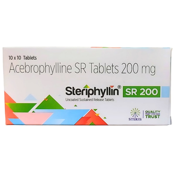 Steriphyllin SR 200 is a sustained-release formulation of Acebrophylline 200 mg, a medication primarily used to manage respiratory conditions like asthma, chronic obstructive pulmonary disease (COPD), and other bronchial disorders. This medication provides long-lasting relief from symptoms such as wheezing, breathlessness, and cough by relaxing the muscles in the airways, allowing for easier breathing. Its sustained-release (SR) formulation ensures that the active ingredient is gradually released into the bloodstream over time, making it effective for long-term control of respiratory symptoms. Steriphyllin SR 200 is an ideal choice for patients requiring regular treatment for chronic respiratory conditions, offering both bronchodilatory and anti-inflammatory effects to help improve quality of life. Key Benefits: Relieves Symptoms of Asthma and COPD:Acebrophylline helps to relax the bronchial muscles and open up the airways, reducing wheezing, cough, and breathlessness associated with asthma and COPD.Sustained Action:The sustained-release formulation provides long-lasting effects, offering convenient once-daily dosing, ensuring continuous relief from symptoms throughout the day.Improves Breathing:By dilating the bronchi and reducing inflammation, it enhances lung function, making breathing easier and improving overall respiratory health.Reduces Excess Mucus:Acebrophylline’s mucolytic properties help break down and thin the mucus in the airways, making it easier to clear the air passages and improve airflow.Fewer Side Effects Due to Slow Release:The SR (sustained-release) formulation minimizes the peak concentration of the drug in the bloodstream, reducing the likelihood of side effects and providing smoother, prolonged action. How Does It Work? Steriphyllin SR 200 works through its active ingredient, Acebrophylline, which combines two key actions:Bronchodilation:Acebrophylline works by relaxing the smooth muscles in the bronchial walls, which helps in opening the airways. This reduces airway resistance, allowing for improved airflow and easier breathing.Anti-inflammatory Action:Acebrophylline also has anti-inflammatory properties, reducing the swelling and irritation in the airways. By decreasing inflammation, it helps to prevent bronchoconstriction and reduces symptoms like wheezing and tightness in the chest.Mucolytic Effect:Acebrophylline helps to break down and thin the mucus lining the airways, making it easier to clear and improving the overall airflow. This helps in conditions where excess mucus production is a problem, such as in COPD or chronic bronchitis.The sustained-release mechanism ensures that the medication is released slowly into the bloodstream over time, providing long-lasting effects with once-daily dosing. Side Effects: While Steriphyllin SR 200 is generally well-tolerated, some individuals may experience mild side effects, which may include:Gastrointestinal Distress:Nausea, vomiting, stomach pain, or indigestion may occur, especially when the medication is taken on an empty stomach.Headache:Some patients may experience headaches, which are usually mild and temporary.Dizziness or Lightheadedness:A slight feeling of dizziness may occur, especially when standing up quickly. This is usually temporary.Palpitations or Increased Heart Rate:In some cases, Acebrophylline may cause palpitations or a slight increase in heart rate due to its bronchodilator action.Rash or Allergic Reactions:Although rare, some individuals may experience skin rashes, itching, or other allergic reactions. If any severe reactions occur, seek immediate medical attention.Tremors or Nervousness:Some users may experience mild tremors or feelings of nervousness, especially at higher doses.Sleep Disturbances:In rare cases, the medication may affect sleep, causing insomnia or vivid dreams.