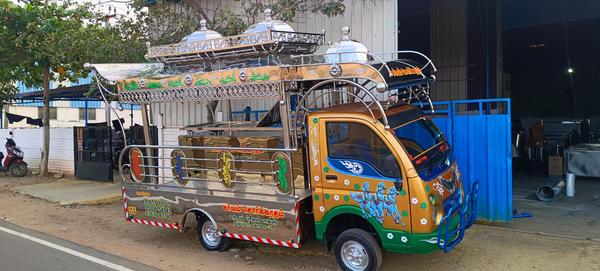 This Sorgaratham is our another one of the Model . This Sorgaratham fabricated fully in Gold Stainless Sheet & Stainless Steel pipes Mixing. This Sorgaratham model top design Single Umbrella Design Model. Platform we use aluminum Checked sheets. We delivered the Sorgaratham with audio set, Multi Color LED Lights, Painting & Stickering.(As per choice)