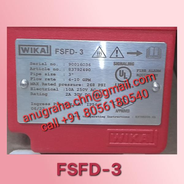 Make: WIKA Flow switch, for fire sprinkler wet systemsModel: Model FSFD 3 / Line Size: 80mm, UL and FM approvedDie cast aluminium housing (EN AC-46000)Flow rate / Sensitivity: 4...10 GPM (15...38 LPM)Service pressure: 268 psi [18.5 bar]*Maximum surge: 18FPS (5.5m/s)Operating temperature: 0...68°C [32°F...154°F]Environment protection: IP 56/NEMA 4 rating suitable for indoor & outdoor applications;  Switching Function: 2*SPDT (Form c)Electrical rating: 10A 125/250 VAC; 2A 30VDC Res.Horizontal/vertical mounting along the direction of arrow mark on cover & saddle.Refer Operating instructions 83795208 for compatible pipes,installation and maintenance.*With UL346 the operating pressure is limited to 175 psi[12bar] for pipe size 8 inch (DN 200).All specifications as per datasheet FL 50.01