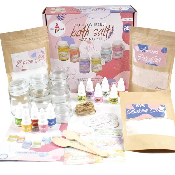 ALL MATERIALS INSIDE THE BOX – This kit contains all you need to make 6 refreshing bath salt jars. It includes Epsom Salt (250 g), Himalayan Pink Salt (250 g), Baking Soda (150 g), 6 Glass Jars, 6 Pure and Natural Essential Oils (Lemongrass, Rose, Tea Tree, Lavender, Eucalyptus, Orange), Liquid dyes, Wooden Spoons, Personalization material (stickers, handmade tags and jute thread).GOODNESS OF EPSOM SALT AND PINK SALT – Epsom salt is known to soften dry skin and exfoliate dead skin cells which makes it a soothening agent. Himalayan pink salt is known to treat acne and it contains trace amounts of magnesium which is necessary for the regulation of nervous system.6 PURE ESSENTIAL OILS – The kit comes with 6 alluring essential oils, each with its own set of diverse benefits. Rose, Lavender, Lemongrass, Tea Tree, Orange and Eucalyptus oils are included in the box which can be used individually or in combination to acquire multiple benefits.EASY TO MAKE – The kit comes with a detailed step-by-step guide with well-illustrated instructions making it perfect for beginners.MULTIPLE APPLICTAIONS – Bath salts have a huge variety of applications which make them an effective bathing and massaging bath accessory. Dissolve a few spoons of bath salt into warm bathtub water and soak in it or mix a few spoons of bath salt in your favorite shower gel and massage on wet skin or soak your feet in warm water mixed with a few spoons of your handmade bath salt for relaxing after an exhausting day.