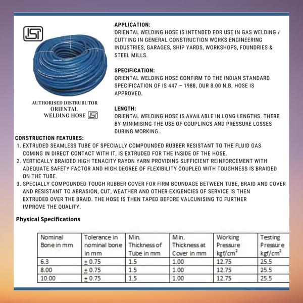 Saif Traders – Your Trusted Supplier of ORIENTAL Hose Pipe ISI Rubber Wrapping Red/Blue in Raviwar Peth, Pune, and Across IndiaPremium-Quality ISI-Certified Hose Pipes for Welding & Industrial ApplicationsSaif Traders is a leading supplier and wholesaler of ORIENTAL Hose Pipe ISI Rubber Wrapping Red/Blue in Raviwar Peth, Pune, and across India. With over 45 years of industry experience, we specialize in high-performance, durable, and ISI-certified hose pipes designed for welding, gas distribution, and various industrial uses.ORIENTAL Hose Pipe ISI Rubber Wrapping Red/Blue – Features & Benefits🔥 Applications✔ Welding & Cutting Operations – Ideal for oxygen, acetylene, and LPG gas supply✔ Industrial Gas Supply – Used in factories, workshops, and manufacturing units✔ Construction & Heavy Engineering – Provides a reliable and durable gas supply✔ Automotive & Fabrication Industries – Ensures seamless operations in repair and manufacturing🛠 Key Features & Benefits✔ ISI-Certified for Safety & Performance – Ensures compliance with industry standards✔ Heavy-Duty Rubber Wrapping – Enhances durability, preventing wear and tear✔ 8mm Standard Diameter for Efficient Gas Flow – Ensures smooth and consistent supply✔ Dual Color (Red/Blue) for Easy Identification – Red for Acetylene, Blue for Oxygen✔ Oil, Heat & Weather Resistant – Suitable for tough industrial environments✔ Highly Flexible & Lightweight – Easy to handle for all types of welding and gas applications✔ Available in Standard & Custom Lengths – Tailored to suit various industrial needsWhy Choose Saif Traders for ORIENTAL Hose Pipe ISI Rubber Wrapping Red/Blue?✅ Premium-Quality & Authentic Products – ISI-certified for superior durability✅ Best Market Pricing for Bulk & Retail Orders – Competitive and affordable rates✅ Fast & Reliable Nationwide Delivery – Supplying across India with trusted logistics✅ Experienced Supplier Since 1978 – Experts in welding and gas accessoriesFor bulk orders and quick delivery of ORIENTAL Hose Pipe ISI Rubber Wrapping Red/Blue in India, trust Saif Traders for quality, affordability, and excellent service.📍 Location: Raviwar Peth, Pune, Maharashtra