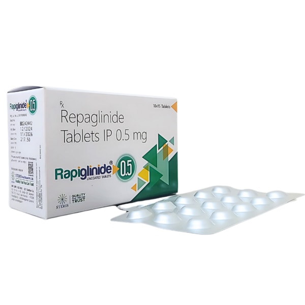 RAPIGLINIDE 0.5 contains Repaglinide 0.5 mg, a medication used in the treatment of Type 2 diabetes mellitus. It belongs to a class of drugs known as meglitinides, which help control blood sugar levels by stimulating insulin production from the pancreas. RAPIGLINIDE is commonly prescribed to individuals who are unable to maintain optimal blood glucose levels through diet and exercise alone. It can be used alone or in combination with other oral diabetes medications to help manage blood sugar levels effectively. Key Benefits: Effective Blood Sugar Control – Helps lower postprandial blood glucose levels, effectively managing blood sugar spikes after meals. Rapid Action – Starts working quickly, offering fast relief from elevated blood sugar levels. Flexible Dosing – Can be taken before meals, giving flexibility in meal planning and diabetes management. Helps Prevent Complications of Diabetes – By controlling blood sugar levels, it helps in reducing the risk of complications associated with diabetes, such as nerve damage, heart disease, and kidney issues. Used Alone or with Other Diabetes Medications – RAPIGLINIDE 0.5 can be combined with other oral diabetes drugs for better blood sugar management. How Does It Work? Repaglinide 0.5 mg works by stimulating the beta cells in the pancreas to secrete insulin when blood sugar levels rise after meals. The medication acts quickly, allowing the body to use glucose more effectively and preventing high blood sugar spikes. Unlike other long-acting insulin medications, Repaglinide acts quickly but for a short duration, making it suitable for controlling blood sugar right after eating. It helps in maintaining optimal postprandial glucose levels, which is crucial for the management of Type 2 diabetes. Directions for Use: Take RAPIGLINIDE 0.5 exactly as prescribed by your doctor.The typical dosage is 0.5 mg to 2 mg taken before meals, 2 to 3 times daily.Swallow the tablet whole with water.Do not take more than the prescribed dose, and never skip doses.If you miss a dose, take it as soon as you remember before the next meal. If it's almost time for your next meal, skip the missed dose—do not double the dose. Side Effects: While RAPIGLINIDE 0.5 is generally well-tolerated, some people may experience:Hypoglycemia (low blood sugar): Symptoms include dizziness, sweating, shaking, confusion, and headaches.Nausea or diarrheaWeight gain (in some cases)Headache or dizzinessRash or itching (rare)Abdominal discomfortIf you experience any signs of severe hypoglycemia (such as confusion, blurred vision, or seizures), or severe allergic reactions (such as difficulty breathing, swelling of the face or throat), seek immediate medical attention.