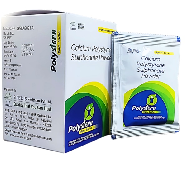 POLYSTERN SACHET contains Calcium Polystyrene Sulphonate Powder, a highly effective ion-exchange resin used in the management of hyperkalemia (high potassium levels in the blood). It works by removing excess potassium from the body, preventing complications associated with kidney disease, heart conditions, and electrolyte imbalances. This formulation is widely prescribed for patients with chronic kidney disease (CKD), renal failure, and other conditions leading to elevated potassium levels. Key Benefits: ✔ Reduces High Potassium Levels (Hyperkalemia) – Effectively binds excess potassium in the gut and eliminates it from the body.✔ Supports Kidney Function – Helps patients with chronic kidney disease (CKD) maintain balanced electrolytes.✔ Prevents Cardiac Complications – Reduces the risk of arrhythmias and heart-related issues caused by high potassium.✔ Restores Electrolyte Balance – Maintains safe potassium levels without affecting sodium balance.✔ Calcium-Based Formula – Unlike sodium-based resins, it avoids sodium overload, making it safer for hypertensive and kidney patients.✔ Fast-Acting and Effective – Works efficiently within a few hours of administration. How Does It Work? Calcium Polystyrene Sulphonate Powder functions as an ion-exchange resin, meaning it binds to potassium in the intestines and exchanges it with calcium ions. This process prevents potassium from being absorbed into the bloodstream and facilitates its excretion through the digestive system. By lowering potassium levels, this medication helps protect the heart, muscles, and kidneys from damage caused by hyperkalemia. Directions for Use: Dosage should be taken as prescribed by a healthcare professional.Generally, the recommended dose is 15g of powder (one sachet) taken 1-4 times daily based on potassium levels.Mix the powder in water or a non-carbonated liquid before consumption.Take it at least 3 hours apart from other medications to prevent absorption interference.Do not take it with fruit juices (especially high-potassium juices like orange juice). Side Effects: While POLYSTERN SACHET is generally safe when used under medical supervision, some potential side effects may include:Mild gastrointestinal discomfort (nausea, bloating, or stomach cramps)Constipation or diarrheaLoss of appetiteLow potassium levels (hypokalemia), which may cause muscle weakness or irregular heartbeatRare allergic reactions such as rash, swelling, or breathing difficultiesIf severe symptoms like extreme muscle weakness, confusion, or irregular heartbeats occur, seek immediate medical attention.