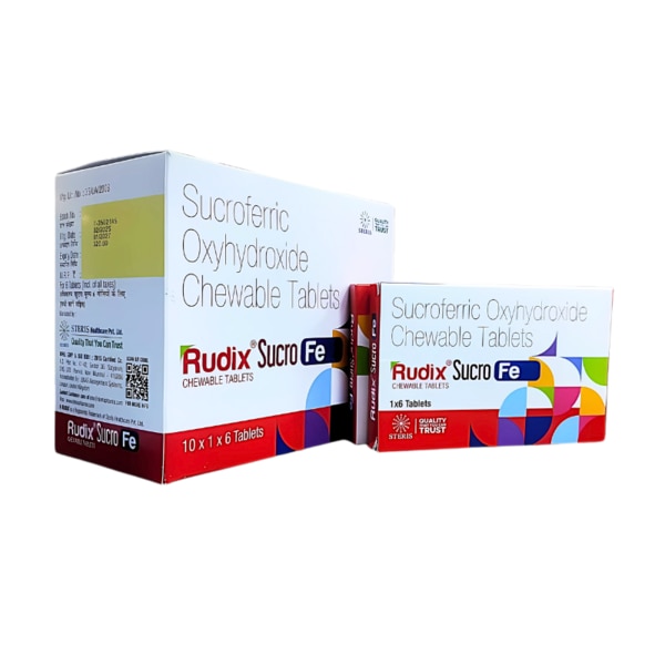 RUDIX SUCRO FE contains Sucroferric Oxyhydroxide (2500 mg), a highly effective phosphate binder used in the management of chronic kidney disease (CKD) patients undergoing dialysis. It helps control high phosphate levels (hyperphosphatemia) in the blood, reducing the risk of bone disorders, cardiovascular complications, and other phosphate-related issues. Its iron-based composition ensures efficient phosphate binding while minimizing gastrointestinal side effects. Key Benefits: Effectively Lowers Phosphate Levels – Reduces phosphate absorption in CKD patients on dialysis. Prevents Bone & Heart Complications – Protects against renal osteodystrophy and vascular calcification. Iron-Based, Non-Calcium Formula – Minimizes the risk of hypercalcemia and calcium overload. Fast-Acting & Well-Tolerated – Begins working quickly and causes fewer gastrointestinal issues compared to other phosphate binders. Convenient Dosage & Administration – Requires fewer tablets per day, enhancing patient adherence. Supports Overall Kidney Health – Helps manage phosphorus balance, improving long-term health outcomes in CKD patients. How Does It Work? Sucroferric Oxyhydroxide acts as a phosphate binder, meaning it binds to dietary phosphate in the intestines and prevents its absorption into the bloodstream. Instead, the bound phosphate is excreted through the stool, effectively lowering serum phosphate levels. This helps protect the bones, heart, and blood vessels from damage caused by excess phosphorus accumulation. Directions for Use: Take as prescribed by a healthcare professional.The usual recommended dose is 1 tablet with each meal, but the dose may be adjusted based on phosphate levels.Swallow the tablet whole or chew it before swallowing.Avoid taking it with other medications, as it may interfere with their absorption.Regular monitoring of phosphate levels is essential to adjust the dosage accordingly. Side Effects: While RUDIX SUCRO FE is generally well-tolerated, some possible side effects include:Mild gastrointestinal issues (diarrhea, nausea, constipation)Dark-colored stools due to iron content (this is harmless)Metallic taste or changes in taste perceptionRare allergic reactions (rash, itching, swelling)If severe symptoms such as persistent stomach pain, vomiting, or difficulty breathing occur, seek immediate medical attention.