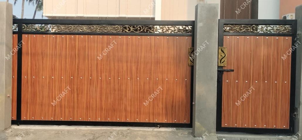 M-CRAFT ( Avadi, Chennai, Tamilnadu) Automation HPL Sliding Gate and Openable wicket Gate with Hot Dip Galvanization (G.I) and top of the Gate Castiron design with MRF PU Paint finishing. one of the best quality and price in chennai , Tamilnadu . 