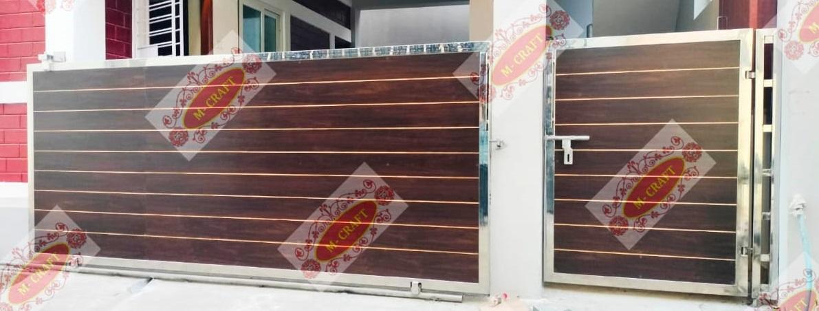 M-CRAFT ( Avadi, Chennai, Tamilnadu) SS 304 Grade (Jindal Brand) HPL Sliding Gate and Openable wicket Gate.one of the best quality and price in chennai , Tamilnadu . 