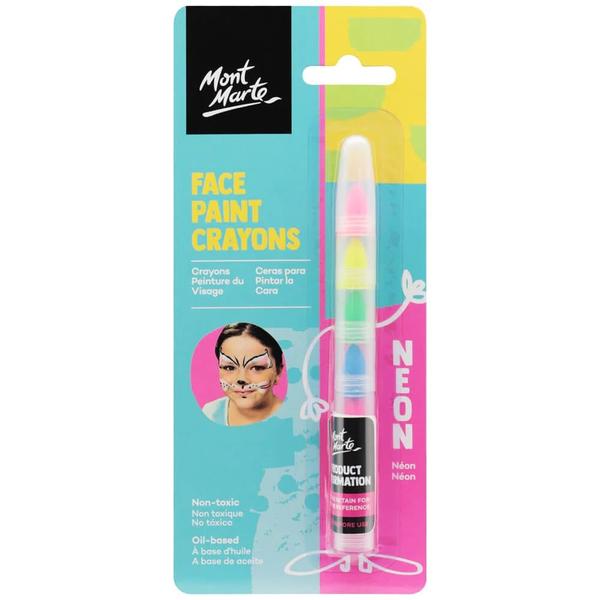 Mont Marte Kids Face Painting Crayons offer a safe and convenient selection colours, ideal for children's parties or just having plain fun. Experiment and be inspired by your imagination, fairies, dragons, your favourite sporting team - you name it, you can create it. Remove with oil-based cleanser or makeup remover.6 colours included - Neon Red, Neon Blue, Neon Yellow, Neon Orange, Neon Pink, Neon Green