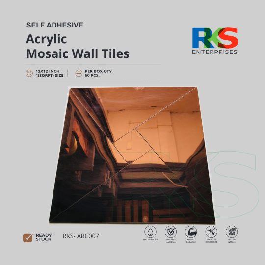 Rks Enterprises Exclusive Importer Of Acrylic Self Adhesive Mosaic Tiles 1 X 1 Feet. Acrylic Self Adhesive Mosaic Tiles 1 X 1 Feet Is A Hot Interior Decoration Trends Becoming Extremely Popular All Over World Because It Makes The Owner's Home Luxurious Beautiful Reasonable As Well As Timeless Use Full For -: Living Room ,lobby, Bedroom ,hotel, Spar, Karaoke Salon Use Full For Damp Wall And Outdoor AlsoAdvantages :-Ultra Light (easy Transportation)Size 01' X 01' Small Size (no Wastage ) 2 Mm Thickness(easy Installation )Fire Proof Water Proof Super DurableUltra LightFire ProofAnti DampSound ProofHeat-Insulated