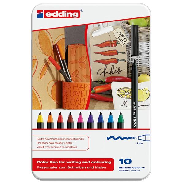 A fantastic value tin of top-quality colouring pens from edding. The pens contain water-based ink in 10 vibrant colours: black, red, blue, green, yellow, orange, brown, violet, pink and light blue.All ink colours are water-soluble until dry. 2mm bullet tip.