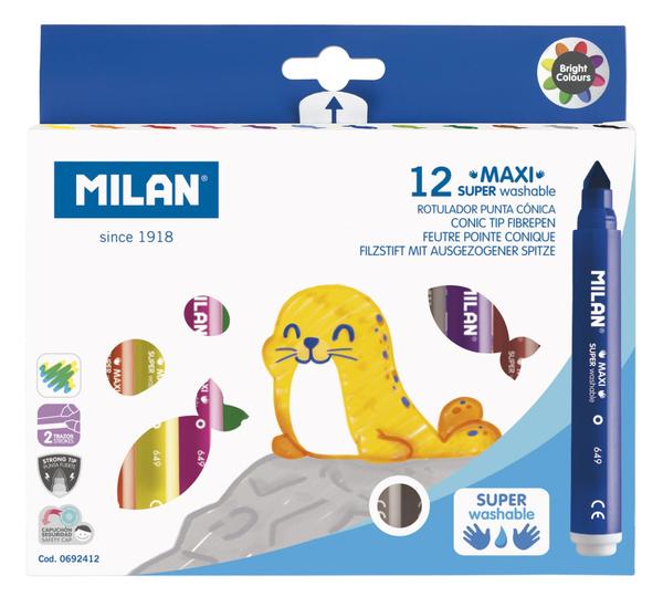 Washable Ink: One of the standout features of these markers is their washable ink. This means that the ink can be easily removed from most fabrics and surfaces with water and mild soap, making them an ideal choice for kids and classrooms where messes are common.Vibrant Colors: Milan Super Washable Maxi Fibrepens come in a wide range of vibrant and bold colors. These colors are bright and visually appealing, perfect for coloring, drawing, and art projects.Fiber Tip: These markers are equipped with durable and fine-tipped fiber points. The fine tip allows for precision when coloring or drawing, making them great for detailed work and outlining.Long-Lasting: Despite their fine tips, these markers are designed to be long-lasting. They contain a generous amount of ink, ensuring that they won't run out quickly, even with frequent use.Widely Applicable: These markers can be used for various applications, including school projects, coloring books, art and craft projects, illustrating, or simply making vibrant notes and drawings.Quality Brand: Milan is a well-known brand for art and stationery supplies, and their products are known for quality and reliability.