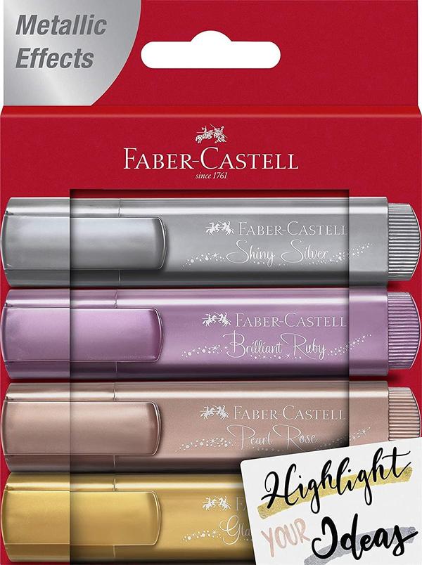 GLITTER HIGHLIGHTER PENS – Highlight your ideas! Add that extra dimension to your notes, journals and art with Faber-Castell metallic highlighter pens! These chisel tip highlighter pens are the perfect compliment to hand lettering and calligraphy, bible highlighters for journaling, note cards, bulleted journaling and more!4 METALLIC LINER MARKERS – These glitter highlighters come in 4 subtle, yet rich metallic colors that feature a sparkly hue: Shining Silver, Brilliant Ruby, Pearl Rose, and Glamorous Gold. The transparent ink has a lovely shimmer that doesn’t overpower your writing but adds the perfect amount of sparkleCREATE MULTIPLE LINE WIDTHS – No need for double ended highlighters with Faber-Castell text liners! Chisel tip design is ideal for writing and drawing in a variety of different thicknesses! Add a pop of sparkle with glitter highlighters that write in 3 different line widths – 1mm, 2mm, 5mmWATER BASED HIGHLIGHTER INK - An environment friendly school supply or stationery choice! Faber-Castell metallic highlighters feature water-based ink that is odorless, allowing for use in classrooms, office and small spaces. Create, plan and design with highlighter ink that is smudge-proof and provides even color laydown.FABER-CASTELL HIGHLIGHTERS - Faber-Castell colored highlighters feature a flat, ergonomic design that will not roll of your desk or workspace. Study glam in style with glitter highlighters designed to add sparkle to journals, planners, bibles and notes. Color code your habit trackers, calendars and more!