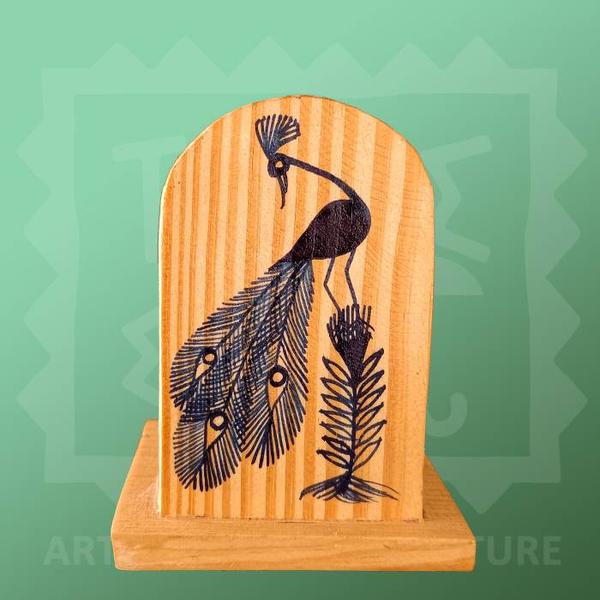 Wooden Warli painted pen stand peacock