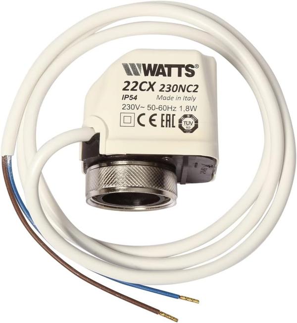 Electrothermic actuator, compact design with on/off action, compatible with thermostat adaptable radiator valves series TRV, 102M, 120B, valve for fan-coils series and regulation valves of Watts manifolds series HKV. Available both in NO (normally open) and NC (normally closed) versions. 2-wire or 4-wire electrical cable (with auxiliary micro switch), 1m length.