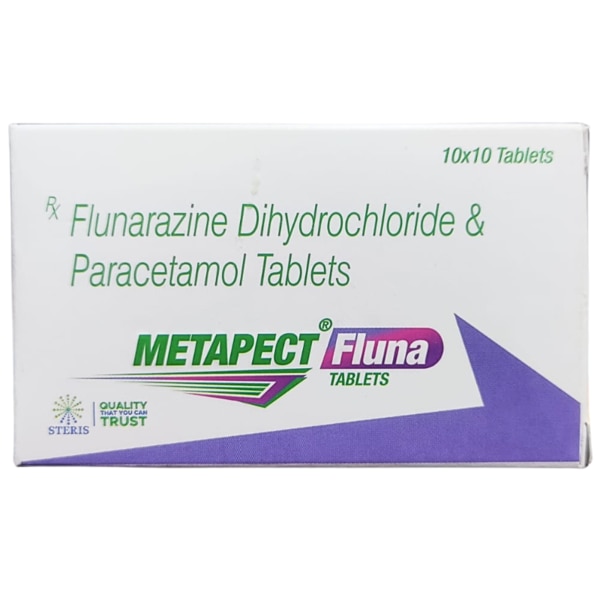 METAPECT FLUNA is a clinically formulated combination of Flunarizine (5mg) and Paracetamol (325mg) designed to provide effective relief from migraines, headaches, and associated symptoms. This medication helps in reducing the frequency of migraine attacks while offering analgesic and antipyretic benefits. It is widely used for patients experiencing chronic migraines, vascular headaches, and fever-related pain. Key Benefits: Effective Migraine Prevention: Reduces the frequency and intensity of migraine attacks.Pain Relief: Alleviates headaches, muscle pain, and fever-related discomfort.Improves Blood Circulation: Helps in regulating vascular function to prevent headaches.Non-Sedative Formula: Offers relief without excessive drowsiness when taken in the recommended dose.Versatile Use: Useful for managing tension headaches, migraines, and fever-induced pain. How Does It Work? Flunarizine functions as a selective calcium channel blocker, reducing excessive nerve activity that triggers migraines and headaches. It prevents blood vessel constriction, thereby maintaining proper circulation in the brain. Paracetamol, on the other hand, acts by inhibiting pain signals and lowering fever by affecting the body’s temperature-regulating center in the brain. Together, they provide comprehensive relief from migraines and associated pain conditions. Directions for Use: Take METAPECT FLUNA as prescribed by your healthcare provider.Swallow the tablet whole with a glass of water.It can be taken with or without food.Do not exceed the recommended dosage. Side Effects: While METAPECT FLUNA is generally well-tolerated, some individuals may experience:Drowsiness or FatigueDizzinessNausea or Stomach DiscomfortDry MouthMild Weight Gain (in long-term use of Flunarizine)If you experience severe side effects like persistent dizziness, allergic reactions, or excessive drowsiness, seek medical attention immediately.