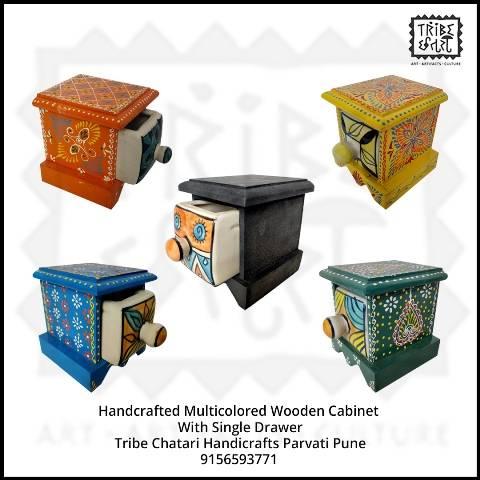 Wooden Colourful blue pottery single drawer.