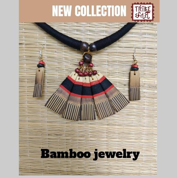 Price For set Rs - 220 . Go ethnic with this handmade bamboo tribal jewelry set created by West Bengal Santal tribal artisans. Jewelry crafted from bamboo and inspired by the adornments of Bengali tribal women from Birbhum district. This bamboo jewelry is globally valued and demanded for their stylish designs. Light, pretty, great for anytime wear. The conception of a product and actually making it is all done by the family as a unit. It has been a traditional activity for the entire family to contribute in creating any artifacts or tools. In case of costumes, each tribe makes their own Jewelery .