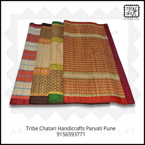 Madurkathi Mats of Bengal. Made of Madur Sticks (Madurkathi) by artisans of Midnapore, West Bengal, India. Its a well knitted mat - tough and durable, madur stick are weaved with designed with black strings and edges are well protected with stitched black cloth strips to increase the durability and enhance the looks. Ideal for everyday regular use. Can be washed with water and soap. Recommended for drying in little sunlight after every wash and even after day to day use. Better to keep in dry place during monsoon. If not used for months or more - recommended to store inside a closed box or bags - preferably in minimum humid place.100% Eco Friendly. Add a royal elegance to your home with this. More Designs & colors Available . Disclaimer: The item being handmade; the fine design, pattern and color tone of the product may vary slightly from that shown in the image