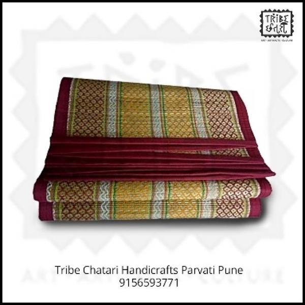 Madurkathi Mats of Bengal. Made of Madur Sticks (Madurkathi) by artisans of Midnapore, West Bengal, India. Its a well knitted mat - tough and durable, madur stick are weaved with designed with black strings and edges are well protected with stitched black cloth strips to increase the durability and enhance the looks. Ideal for everyday regular use. Can be washed with water and soap. Recommended for drying in little sunlight after every wash and even after day to day use. Better to keep in dry place during monsoon. If not used for months or more - recommended to store inside a closed box or bags - preferably in minimum humid place.100% Eco Friendly. Add a royal elegance to your home with this. More Designs & colors Available