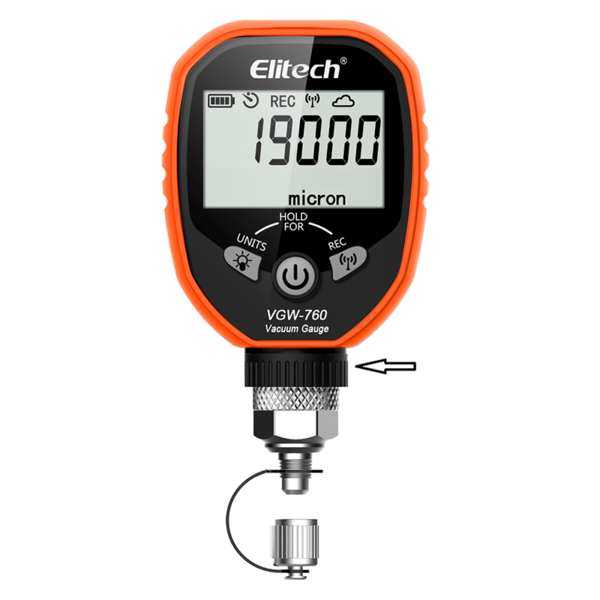 VGW-760 is a wireless digital vacuum gauge for obtaining accurate vacuum measurements during filling refrigerants. It features a professional vacuum sensor to precisely test vacuum. The evacuation of an HVAC and refrigeration system is to evacuate the air and moisture in the system, which, if mixed with refrigerants, may produce an acidic chemical reaction, causing damages to the system in long term. Generally, a system vacuum should be below 700 micron so that the moisture in the system can be effectively reduced. The best vacuum is 300 micron. Common refrigerants cannot meet this requirement. VGW-760 is used to test system leak and discern vacuum pump quality.