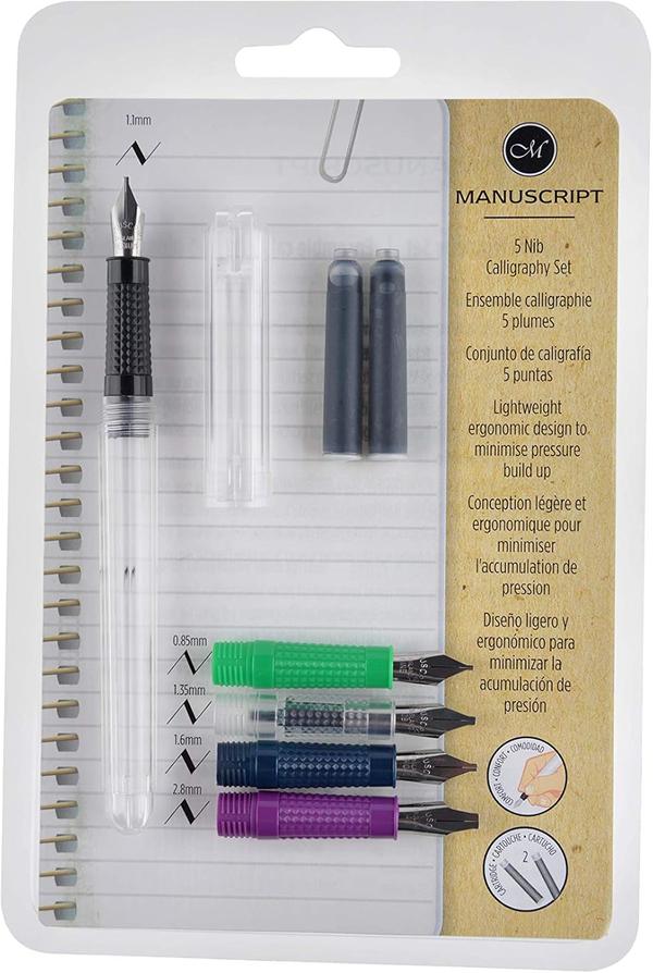 Manuscript 5 Nib Calligraphy Set – Dodec Fountain Pen, 5 Nib Sections, 2 Ink cartridges, Ideal for Those Starting Their Calligraphy Journey & for Those Looking to Expand Their Calligraphy Skills.5 nib calligraphy Set – the Manuscript 5 nib calligraphy Set is the perfect choice for those wanting to start practicing calligraphy. Manuscript’s popular Dodec pen is complete with an ergonomic grip and can be interchanged with any of the 5 different nibs included.Get started with ease – the 5 nib calligraphy Set contains full instructions for use; including how to fill your pen, as well as hints and tips for caring for your pen. Use any international sized ink cartridges; included in this set are two black cartridges to get you started.Expertly crafted – manuscript’s nibs are all expertly crafted in England and undergo a series of rigorous processes to ensure a quality writing experience. Included in the Manuscript beginner’s set are five nibs in a variety of widths (0.85mm, 1.1mm, 1.35mm, 1.6mm & 2.8mm) that will enable you to explore A wide range of calligraphic styles.Broaden your skills - Venture onto the Manuscript website where you will find a whole host of handy hints and tips for encouraging ink flow and pen care. Guidelines and calligraphic alphabets are also available as free downloads to develop your calligraphy skills.The art of beautiful writing – whether you are a beginner or a professional, The art of calligraphy is ideal for adding a personal touch to a whole host of things including (but not limited to) greetings cards, invitations, announcements, place cards, table names, letters, Thank you notes, posters and certificates.