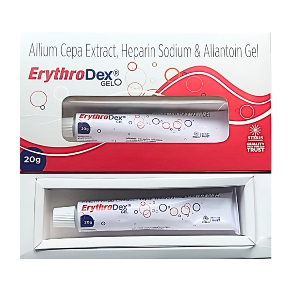 ERYTHRO DEX GEL is a specially formulated scar-reducing and skin-healing gel enriched with Allium Cepa Extract, Heparin Sodium, and Allantoin. This powerful combination helps improve skin regeneration, reduce scars, and enhance wound healing. It is particularly effective in treating post-surgical scars, burn scars, acne scars, and keloids, providing visible improvements with regular use. The lightweight, non-greasy formula absorbs quickly into the skin, making it ideal for daily application. Key Benefits: Reduces the appearance of scars (surgical, burn, acne, and injury-related scars).Prevents excessive scar tissue formation, including keloids.Improves skin hydration, reducing tightness and irritation.Enhances wound healing by promoting new cell growth.Softens and smoothens skin, restoring a natural texture.Lightweight and non-greasy, suitable for all skin types. How Does It Work? The synergistic action of Allium Cepa Extract, Heparin Sodium, and Allantoin works at multiple levels to improve scar healing and skin health:Allium Cepa Extract reduces inflammation and limits excess collagen formation, preventing thick scar buildup.Heparin Sodium improves blood flow, ensuring adequate nutrient supply to the healing skin.Allantoin softens hardened tissue and promotes new cell turnover, leading to smoother, healthier skin. Directions for Use: Clean and dry the affected area before applying the gel.Take a small amount of ERYTHRO DEX GEL and apply it gently in circular motions.Allow the gel to absorb completely before covering the area.Apply 2-3 times daily for best results.For optimal scar reduction, use continuously for several weeks as directed by a dermatologist. Side Effects: While ERYTHRO DEX GEL is generally well-tolerated, some individuals may experience mild reactions, including:Temporary skin redness or irritationMild itching or burning sensationRare cases of allergic reactions (if sensitive to any ingredients)Precaution: Avoid applying to open wounds or broken skin. Discontinue use if severe irritation occurs and consult a doctor.