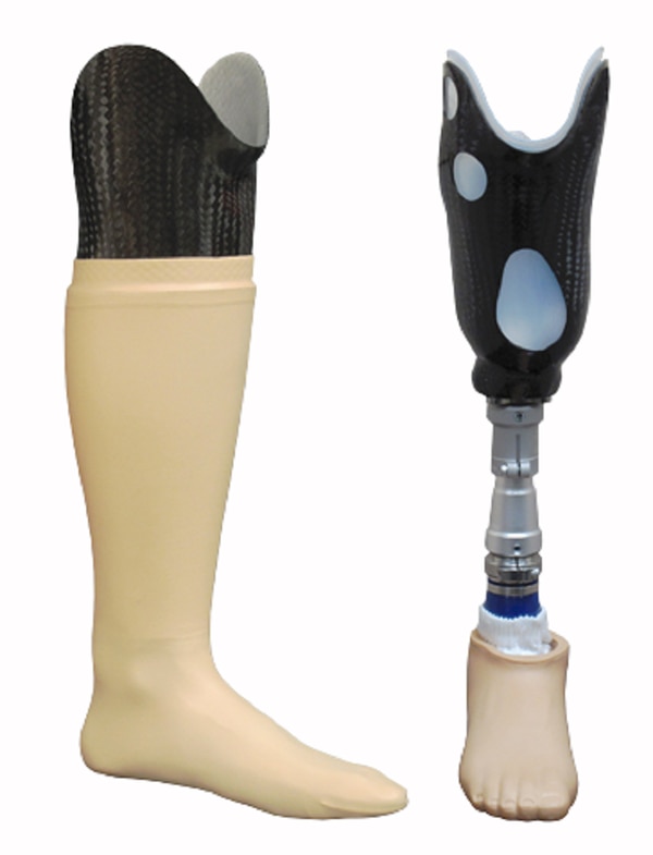 Our meticulously crafted below-knee prosthesis is designed to seamlessly integrate into your life, restoring natural movement and fostering confidence. Each prosthesis is custom-fabricated with a durable carbon fiber socket, precisely molded for optimal comfort and secure fit, ensuring stability with every step. The lightweight, high-strength pylon connects to a responsive prosthetic foot, providing exceptional shock absorption and smooth gait. Choose between a cosmetically finished option for everyday wear, blending seamlessly with your appearance, or a technical design showcasing the advanced engineering within. Our prostheses empower you to regain independence and participate fully in life's activities, offering a perfect balance of functionality, durability, and personalized design.