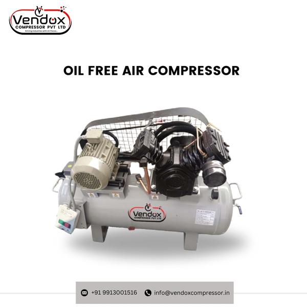Leading Oil Free Air Compressor Manufacturers in India.

When industries require 100% clean and contamination-free air, Vendox Compressor Private Limited is the name they trust. Recognized as one of the Top Oil Free Air Compressor Manufacturers & Suppliers in Gujarat, we specialize in offering advanced, reliable solutions tailored to various industries’ needs.
Our Oil Free Air Compressors are designed with cutting-edge technology to ensure enhanced efficiency and absolute purity. Whether your application involves pharmaceuticals, food processing, electronics, or any high-precision sector, Vendox guarantees zero oil contamination, safeguarding product quality and operational excellence.

Why Choose Vendox Oil Free Air Compressors?
Being one of the most reliable Oil Free Air Compressor Manufacturers in India, we focus on performance, longevity, and delivering value to our clients.
Key Features:
•	Completely Oil-Free Operation: Our compressors are engineered to provide 100% oil-free air, ensuring zero risk of contamination.
•	Reliable ROF Technology: We implement advanced ROF technology to maintain consistent performance across demanding conditions.
•	Advanced Cooling System: This feature enhances the overall efficiency and lifespan of the compressors, even during continuous usage.
•	High-Temperature Resistant Bearings: Built to withstand challenging environments without compromising reliability.
•	Special Material Piston Rings: Crafted to offer superior durability and performance.
•	Noise Reduction: Designed to minimize operational noise, creating a quieter and more productive work environment.

Technical Specifications:
At Vendox Compressor Private Limited, we offer a versatile range of Oil Free Air Compressors designed to cater to varying industrial requirements. Our compressors are available in multiple models, each engineered for optimal efficiency, reliability, and performance.
Here’s an overview of our key models:
•	Model VC-01: Equipped with a 0.75 HP motor, this model delivers a piston displacement of 2.7 CFM and includes a 25-litre air receiver. It operates at a pressure of 115 Psig, ideal for light-duty applications.
•	Model VC-02: Featuring a 1 HP motor and 3.5 CFM piston displacement, along with a 35-litre air receiver, ensuring smooth operation at 115 Psig.
•	Model VC-03: With a 1.5 HP motor, this model provides 5.2 CFM displacement and comes with a 50-litre air receiver, maintaining consistent air output at 115 Psig.
•	Model VC-04: Powered by a 2 HP motor, offering 7.0 CFM displacement and a 70-litre air receiver capacity, operating efficiently at 115 Psig.
•	Model VC-05: Comes with a 3 HP motor, 7.5 CFM piston displacement, and a large 160-litre air receiver. Designed for higher air demand, it runs at 135 Psig pressure.
•	Model VC-06: Designed for more demanding applications, this variant features a 5 HP motor, 15.0 CFM piston displacement, and a 200-litre air receiver, all operating at 135 Psig.
•	Model VC-07: Equipped with a robust 7.5 HP motor, delivering 21.0 CFM and supported by a 240-litre air receiver, maintaining consistent pressure at 135 Psig.
•	Model VC-08: This model features a 10 HP motor with 32.0 CFM displacement and a 300-litre air receiver, suitable for continuous operations at 135 Psig.
•	Model VC-09: Designed for large-scale industries, it offers a 15 HP motor, 45.0 CFM output, and a 500-litre air receiver, ensuring steady performance at 135 Psig.
•	Model VC-10: Our most powerful option, with a 20 HP motor delivering 60.0 CFM and a 500-litre air receiver, perfect for heavy-duty, high-demand environments, operating at 135 Psig.

Applications Across Industries:
Vendox’s Oil Free Air Compressors are trusted by industries where precision and cleanliness are non-negotiable:
Pharmaceutical Industry: In pharmaceutical production, where hygiene is critical, our compressors deliver pure, oil-free air to meet stringent standards.
Food & Beverage Processing: Oil contamination can compromise food safety. Our compressors provide clean, uncontaminated air to maintain hygiene and product quality.
Electronics Manufacturing: Precision is key in electronics. Our oil-free compressors ensure dust and oil-free air supply for sensitive electronic components.
Textile Industry: From weaving to dyeing, our compressors provide consistent, high-quality air without the risk of oil deposits on fabrics.
Chemical Plants: Maintaining product integrity and safety, our compressors eliminate the chance of oil mixing with chemicals.
Automotive & Aerospace Industries: Our oil-free compressors support precision manufacturing in sectors where accuracy and cleanliness are critical.

Experience the Vendox Advantage
Vendox Compressor Private Limited has earned its place as one of the Best Oil Free Air Compressor Manufacturers & Suppliers in Ahmedabad. With a focus on innovation, reliability, and customer satisfaction, we are dedicated to delivering air solutions that meet the highest industry standards.

Contact Vendox today and experience the difference!